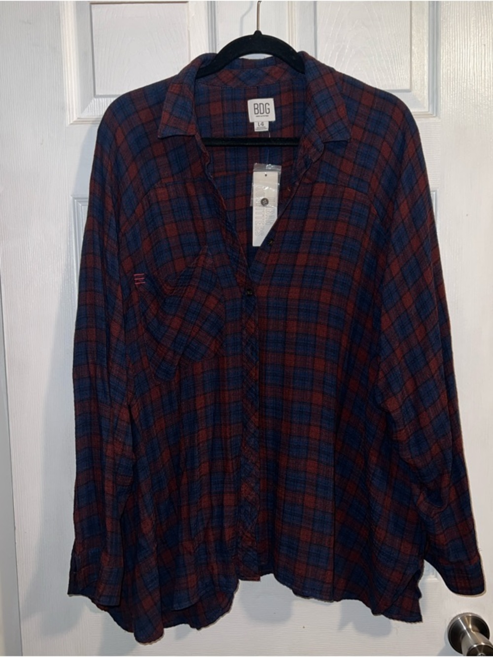 BDG Relaxed Plaid Button-Down Shirt in Navy and Burgundy